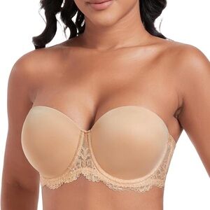 Cream Seamless Strapless Bra with Lace Trim